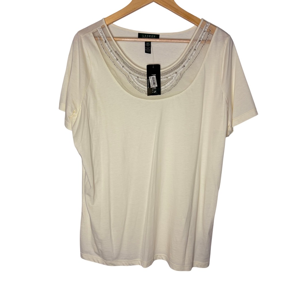 Ralph Lauren NWT Top 1X Classic Cream Beaded Mesh Neckline Cotton Tee Shirt